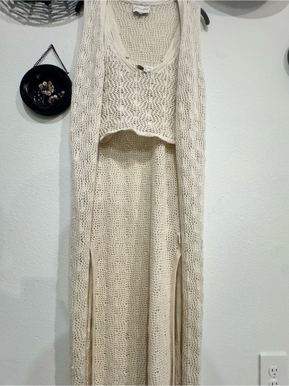 2 piece Cream Open-Knit Longline Women's Sweater Vest and Tank